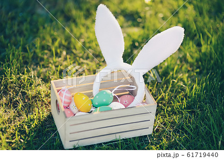 Wooden box with multicolour eggs and bunny ears Wooden box with multicolour eggs and bunny ears 61719440