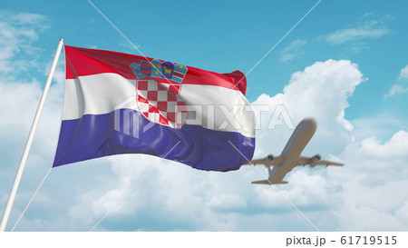 Airliner approaches the Croatian national flag. Tourism in Croatia. 3D rendering 61719515