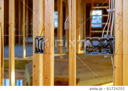 Electrical socket boxes with wires of wooden beams Electrical socket boxes with wires of wooden beams 61724202