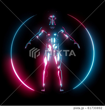 Neon light Vitruvian Man in circle frame 61730892