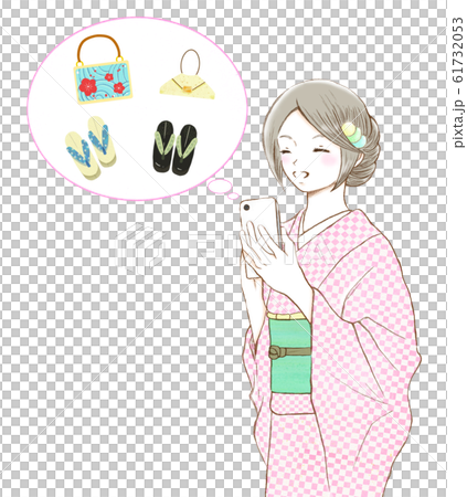 スマホを持つ着物を着た笑顔の女性_吹き出しと小物-左向き 61732053