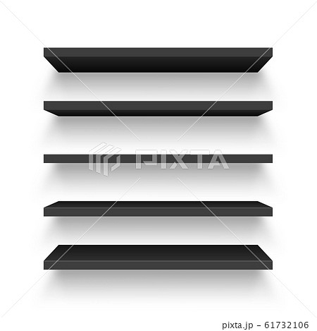 Realistic black wall shelf collection isolated on white background. Empty store rack. Vector 61732106