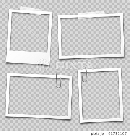 Realistic empty photo card frame, film set. Retro vintage photograph with transparent adhesive tape 61732107