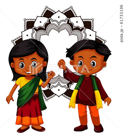 India boy and girl with mandala background 61733196