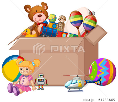 Cardboard box full of toys on white background Cardboard box full of toys on white background 61733865