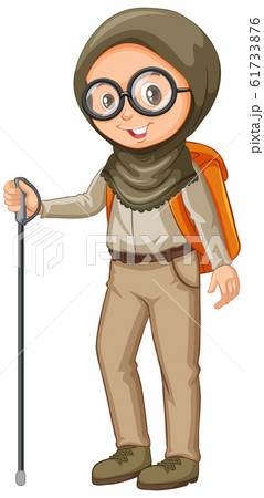 Muslim girl in scout uniform with hiking stick on 61733876