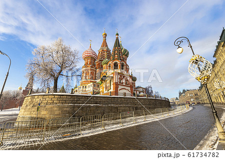 Saint Basil cathedral ( Temple of Basil the Blessed) and Christmas (New Year holidays) decoration, Red Square, Moscow, Russia 61734782