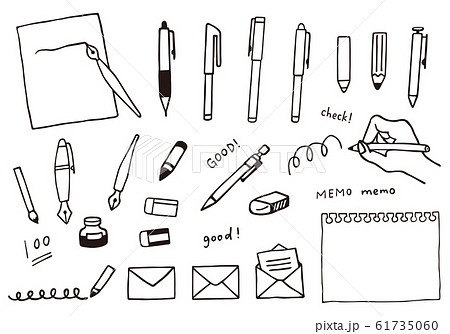 文房具 筆記具 の手描き風イラストのセットのイラスト素材