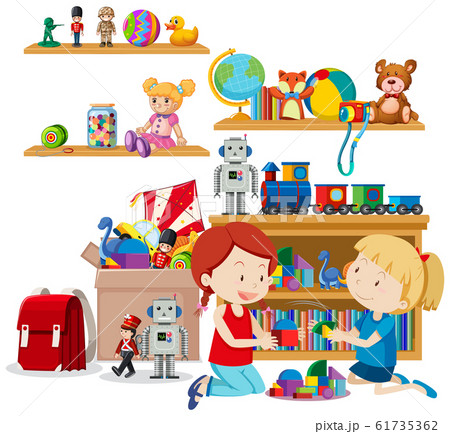 Shelf full of books and toys on white background 61735362