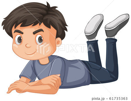 Boy in gray shirt laying down on white background Boy in gray shirt laying down on white background 61735363