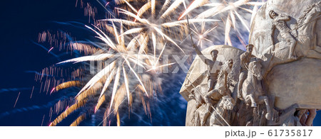 Fireworks over the Monument to the heroes First World War in Victory Park on Poklonnaya Hill, Moscow, Russia Fireworks over the Monument to the heroes First World War in Victory Park on Poklonnaya Hill, Moscow, Russia 61735817