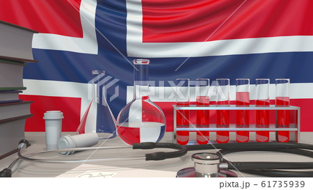 Clinic laboratory equipment on Norwegian flag background. Healthcare and medical research in Norway related conceptual 3D rendering 61735939