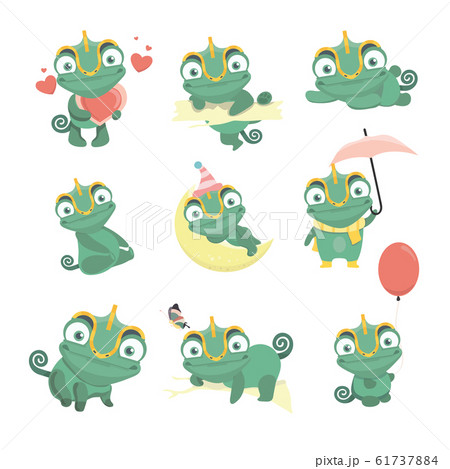 Cartoon Chameleon Cute Illustration Set のイラスト素材