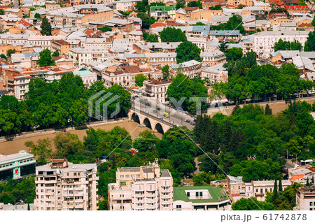 Tbilisi Georgia. Aerial View Of Bridge Over Kura River, Residential Area, Sunny Summer 61742878