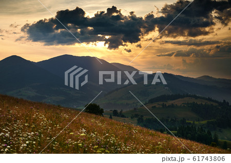 Golden sunset in carpathian mountains - beautiful 61743806