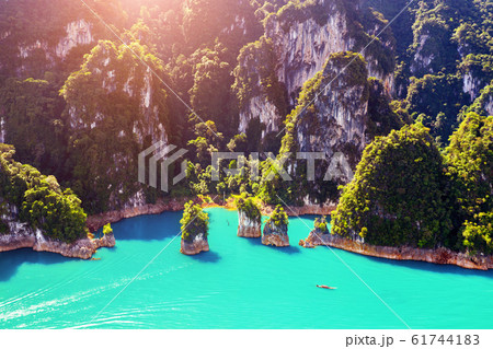 Aerial view of Beautiful mountains in Ratchaprapha Dam at Khao Sok National Park, Surat Thani Province, Thailand. 61744183
