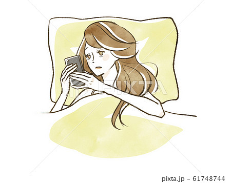 寝ながらスマホを操作する女性のイラスト素材