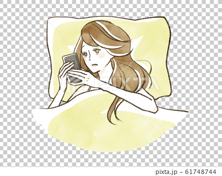 寝ながらスマホを操作する女性のイラスト素材