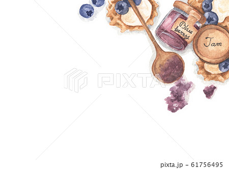 Blueberry jam in jar, waffles and fresh blueberries. Watercolor illustration. Blueberry jam in jar, waffles and fresh blueberries. Watercolor illustration. 61756495