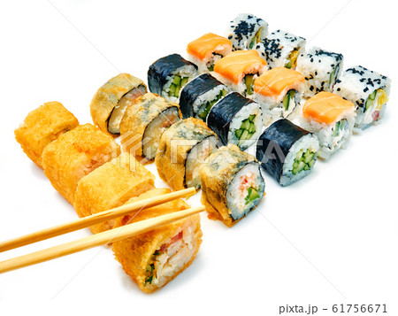 Set of tasty rolls on white background Set of tasty rolls on white background 61756671