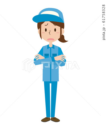 女性 作業者 作業員 作業服 全身 腕組み 表情 ポーズのイラスト素材