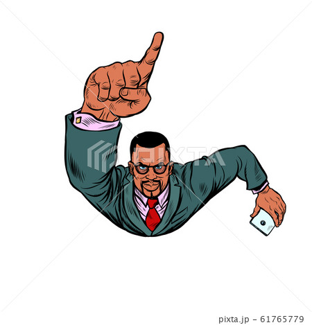 African businessman with a smartphone index finger up. Flying like a superhero African businessman with a smartphone index finger up. Flying like a superhero 61765779