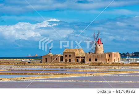 Windmill at Marsala salt pans, Sicily, Italy 61769832