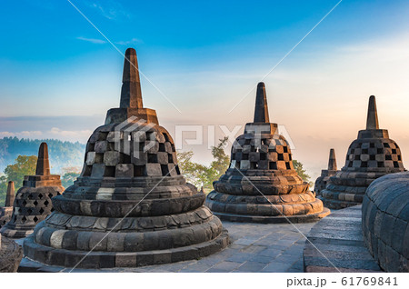 Borobudur temple at sunrise, Java, Indonesia Borobudur temple at sunrise, Java, Indonesia 61769841