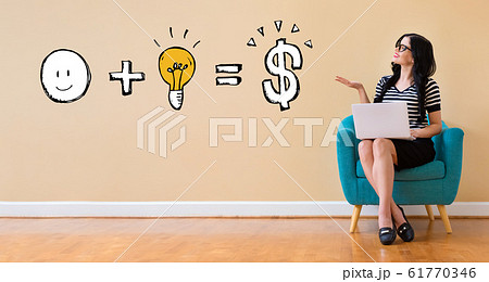 Good idea equals money with woman using a laptop Good idea equals money with woman using a laptop 61770346