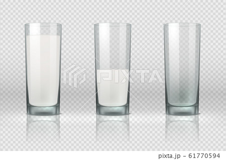 Milk glass. Realistic empty, half full and full glass with milk isolated on transparent background. Vector set 61770594