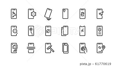 Smartphone repair icons. Dropped phone with cracked screen, broken tempered glass protection, water resistance. Vector set 61770619