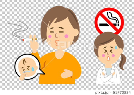 タバコを吸う妊婦とタバコをやめさせたい医者のイラストイメージ タバコを吸う妊婦とタバコをやめさせたい医者のイラストイメージ 61770824