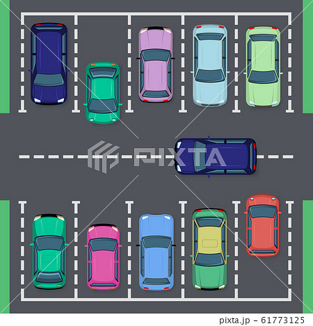 Street car parking. Top view street vehicle, public parking zone views and auto transport parking area, city auto park vector illustration set Street car parking. Top view street vehicle, public parking zone views and auto transport parking area, city auto park vector illustration set 61773125