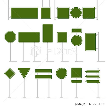Road traffic signboard. Green traffic signs, direction sign board mockup, street location arrows and warning highway square text panel and billboard vector isolated icon set 61773133