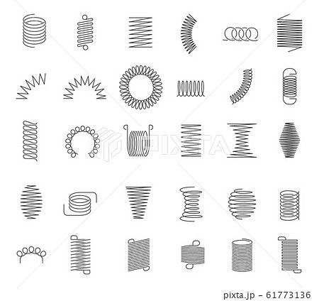 Metal spiral spring. Metallic coils, motor machine spiral sign, wire springs and steel curved flexible coils. Linear spirals silhouette isolated vector icons set Metal spiral spring. Metallic coils, motor machine spiral sign, wire springs and steel curved flexible coils. Linear spirals silhouette isolated vector icons set 61773136
