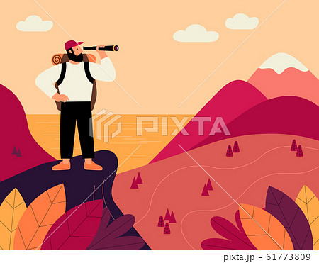 Man with backpack and spyglass, traveller standing on top of mountain and looking on valley. 61773809