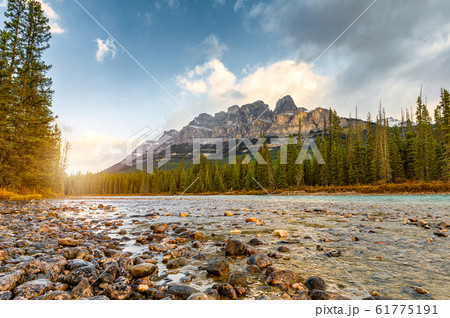 Sunrise on Castle mountain and bow river at Banff Sunrise on Castle mountain and bow river at Banff 61775191