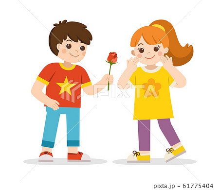 Boy giving a rose to a girl. Couple propose with flower. Couple on romantic date. Boy giving a rose to a girl. Couple propose with flower. Couple on romantic date. 61775404