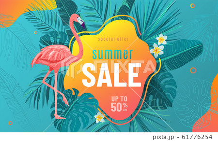 Summer sale vector poster background with bright geometric elements, tropical leaves, flamingo, frangipani flowers. Special offer flyer illustration. Tropic graphic design on blue backdrop 61776254