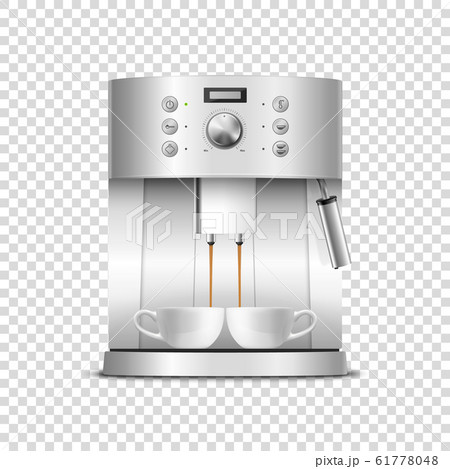 Vector 3d Realistic Modern Metal Chrome Steel Silver Espresso Coffee Machine with Two White Coffee Mugs Closeup Isolated on Transparent Background. Design Template of Coffee Maker, Mockup. Front View Vector 3d Realistic Modern Metal Chrome Steel Silver Espresso Coffee Machine with Two White Coffee Mugs Closeup Isolated on Transparent Background. Design Template of Coffee Maker, Mockup. Front View 61778048