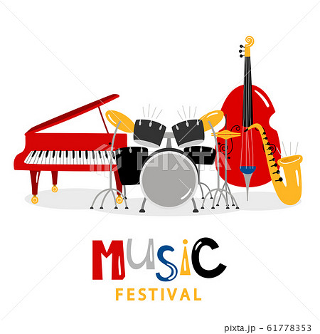 Music festival background with color music instruments isolated on white background Music festival background with color music instruments isolated on white background 61778353