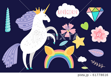 Cartoon unicorn and collection accessorises vector illustration 61778616