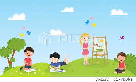Children draw on nature meadow vector illustration. Boys and girls paint standing and lying on grass field. Group of children, art class, kindergarten or school lesson. 61779062