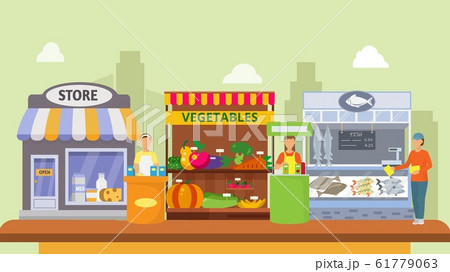 Girls promoters offer, advertise goods vector illustration. Counters with products promo demonstration on market. Woman handing out flyers. Dairy, vegetable, fish stores. 61779063