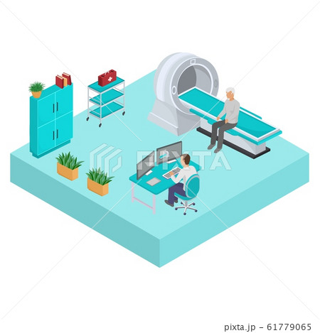 Magnetic resonance imaging mri office room in hospital clinic vector illustration. Doctor man sitting at computer and elderly patient. Medicine, health care, treatment. 61779065