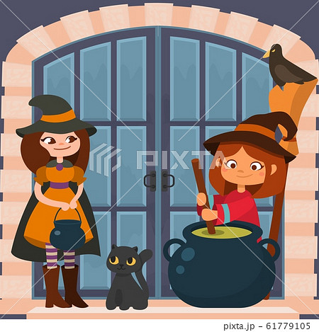 Halloween holiday celebration vector illustration. Two young woman little girl witches with black cauldron and broom make brew potion at gate door. Halloween night. 61779105