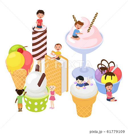 Big ice cream and happy children mini boys, girls climbing on it, vector illustration isolated. Various ice cream dessert vanilla, fruits and berries flavour. 61779109