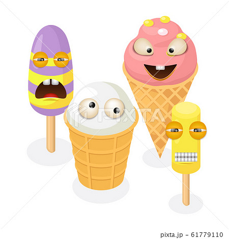 Cute funny ice cream characters vector illustration. Colorful ice cream cone waffle, popsicle on steak. Frozen sweet food dessert vanilla fruits berries flavour. 61779110