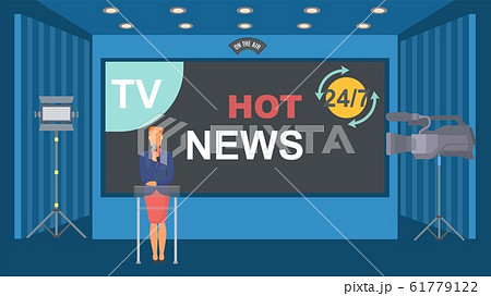 Breaking media news studio vector illustration. Woman presenter of news television channel with round the clock broadcasting. Live hot news on the air. Breaking media news studio vector illustration. Woman presenter of news television channel with round the clock broadcasting. Live hot news on the air. 61779122