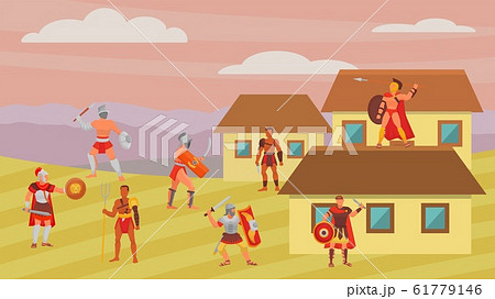 Group of gladiators warriors fighters in armor battle vector illustration flat. Greek roman ancient historical character man weapons. Cold steel arms, shields Group of gladiators warriors fighters in armor battle vector illustration flat. Greek roman ancient historical character man weapons. Cold steel arms, shields 61779146
